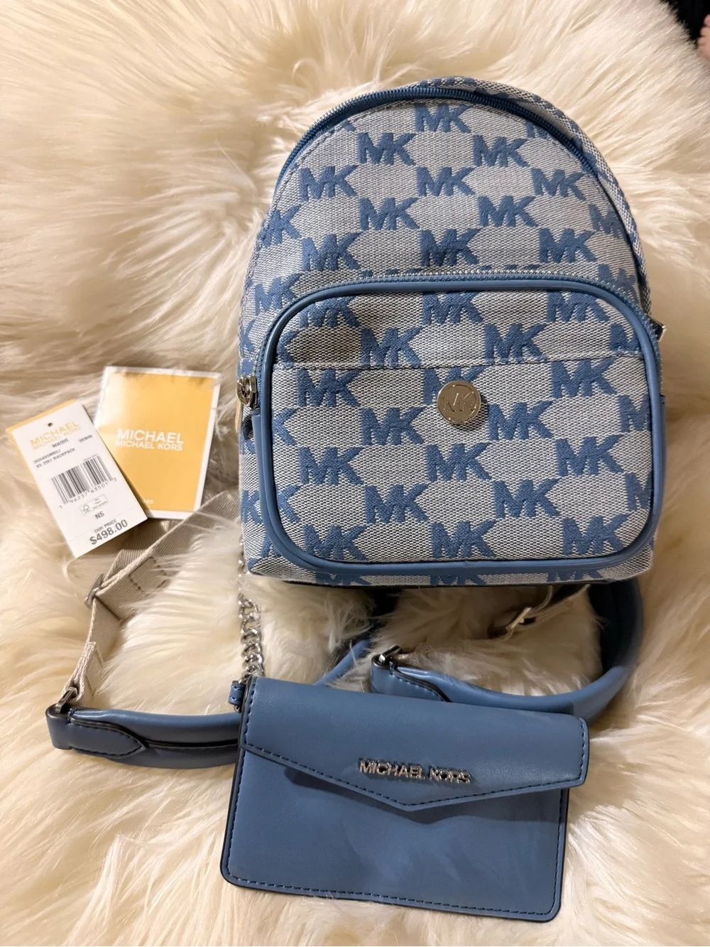 Michael Kors Light Blue MK Jacquard Mini Backpack with Card Pouch